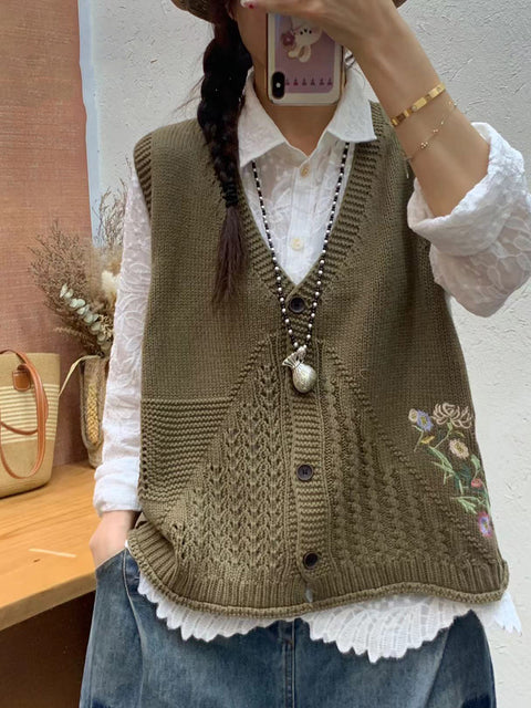 Gilet à capuche en tricot avec broderie florale artistique pour femme