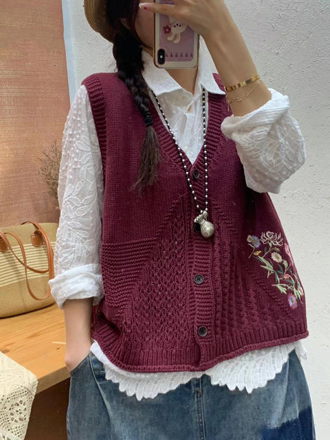 Gilet à capuche en tricot avec broderie florale artistique pour femme