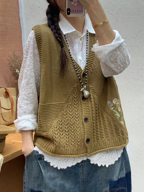 Gilet à capuche en tricot avec broderie florale artistique pour femme