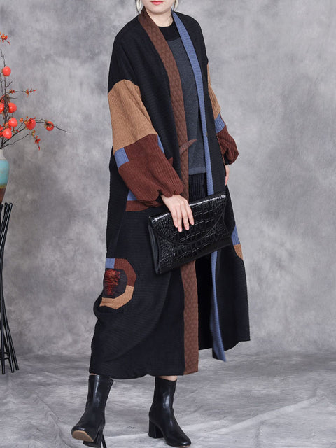 Women Winter Artsy Colorblock Cardigan Long Coat