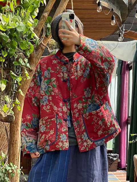 Manteau court vintage à imprimé floral pour femme, col en V