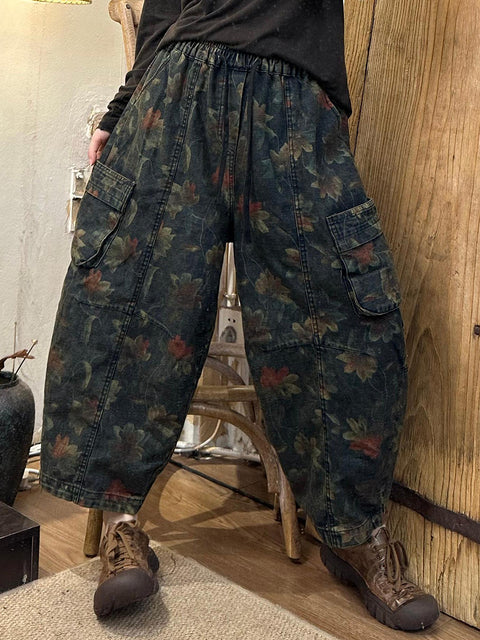 Pantalon sarouel en denim à fleurs rétro pour femme