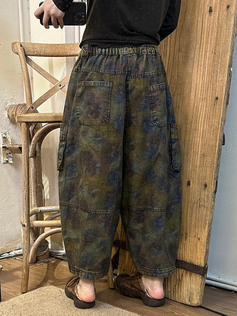 Pantalon sarouel en denim à fleurs rétro pour femme