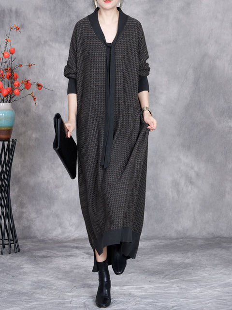 Women Autumn Artsy Cashmere Plaid Strap Knit Dress