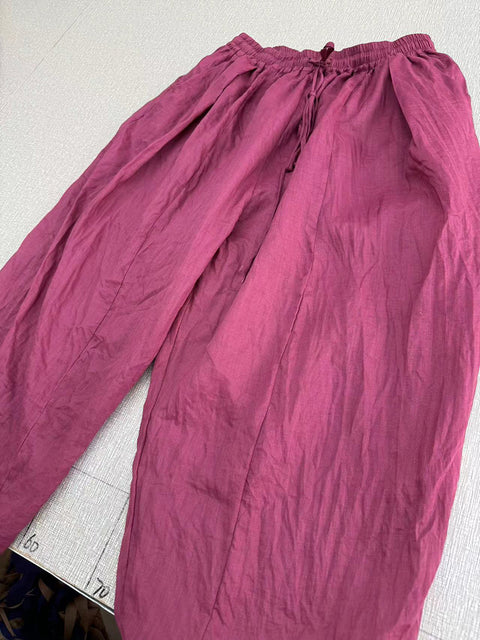 Pantalon ample à revers en ramie pour femme, style vintage, automne, couleur unie