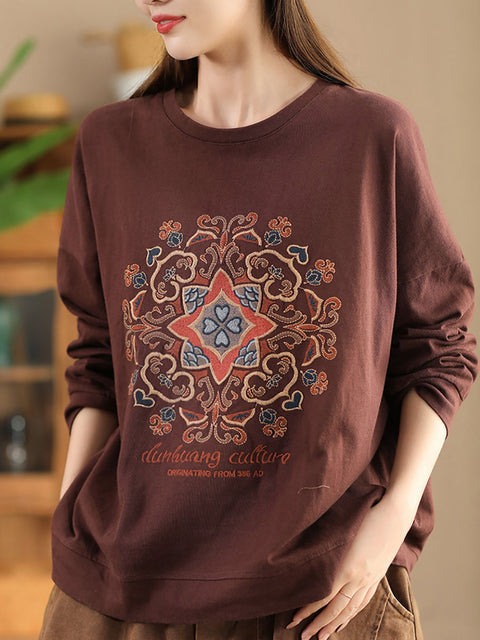 Women Autumn Flower Embroidery O-Neck Cotton Sweatshirt