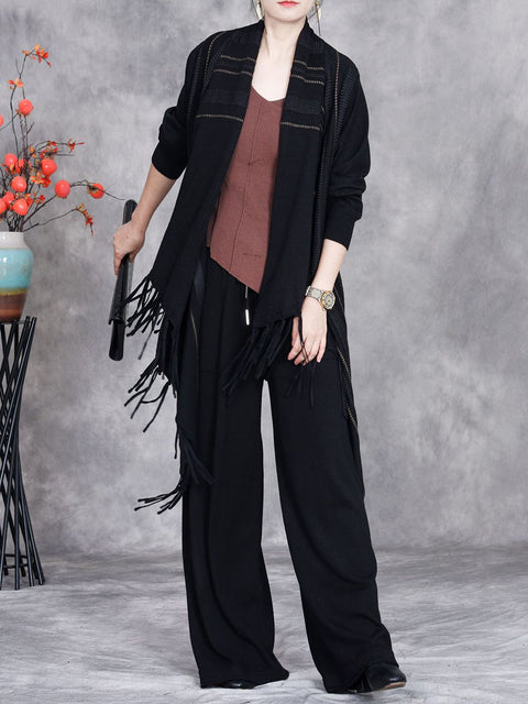 Women Autumn Artsy Stripe Knitted Tassel Cardigan Coat