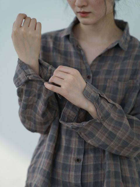 Chemise en ramie à boutons et poches solides pour femmes