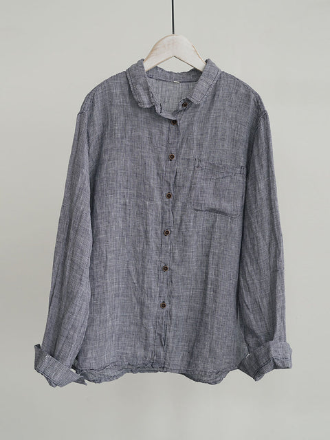 Women Ethnic Autumn Plaid Linen Shirt