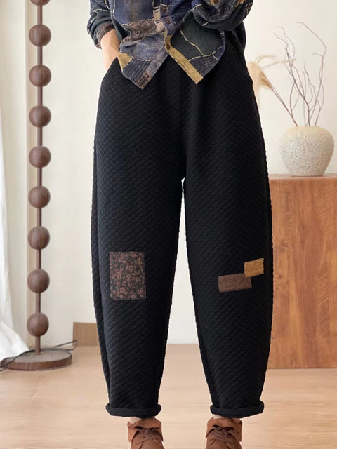 Women Autumn Retro Lattice Patch Thick Cotton Pants