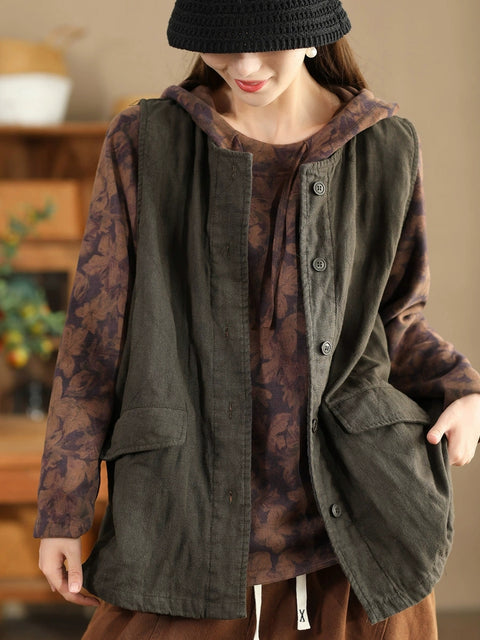 Women Retro Solid O-Neck Cotton Vest Coat