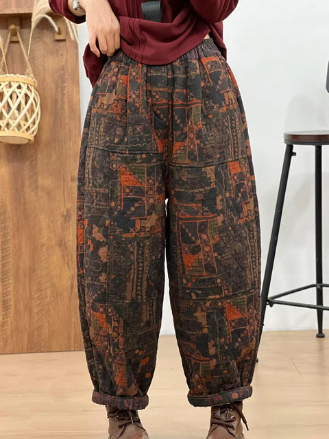 Women Autumn Retro Cotton Print Cotton Straight Pants