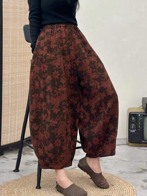 Pantalon sarouel en denim à fleurs rétro pour femme