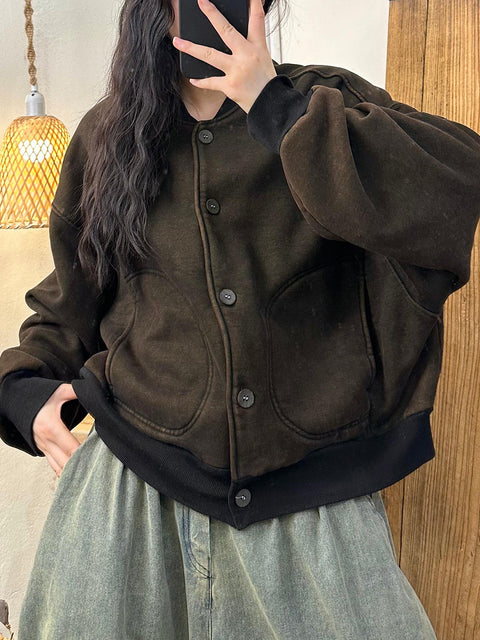 Women Casual Autumn Button Colorblock Thick Coat