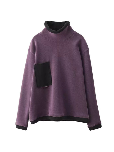 Women Autumn Retro Colorblock Turtleneck Cotton Sweatshirt