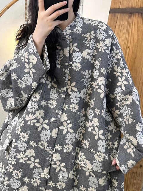 Manteau en coton boutonné vintage pour femme avec motif floral d'automne