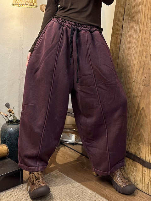 Women Autumn Retro Solid Spliced Solid Thick Harem Pants