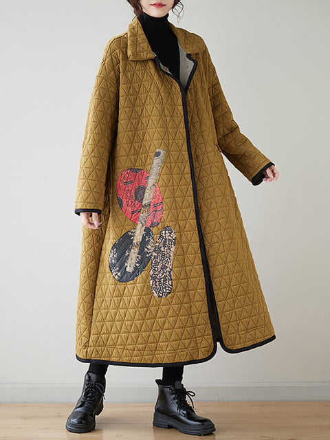 Women Winter Patch Spliced Rhomboid Thick Long Coat