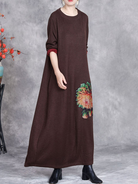 Women Autumn Artsy Flower Knit O-Neck Dress