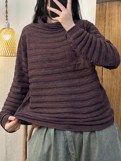 Women Vintage Autumn Solid Stripe Turleneck Knit Sweater