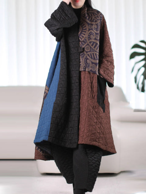 Women Autumn Ethnic Colorblock Cotton Padded Coat