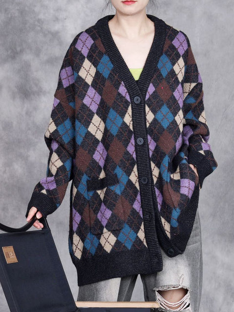 Women Autumn Artsy Rhomboids Cardigan Sweater Coat