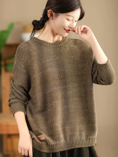 Women Vintage Autumn Solid O-Neck Loose Knit Sweater