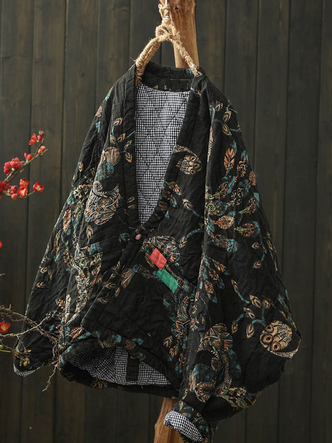 Women Autumn Ethnic Flower Short Cotton Padded Coat