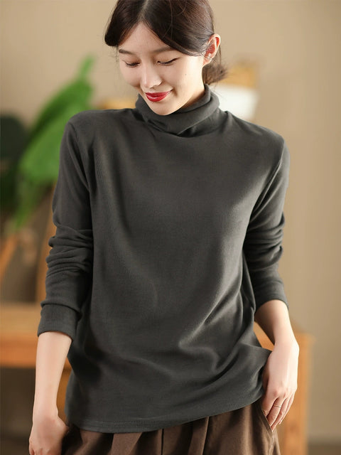 Women Casual Autumn Solid Turtleneck Botton Blouse