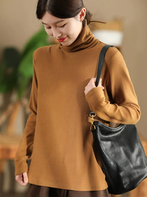 Women Casual Autumn Solid Turtleneck Botton Blouse