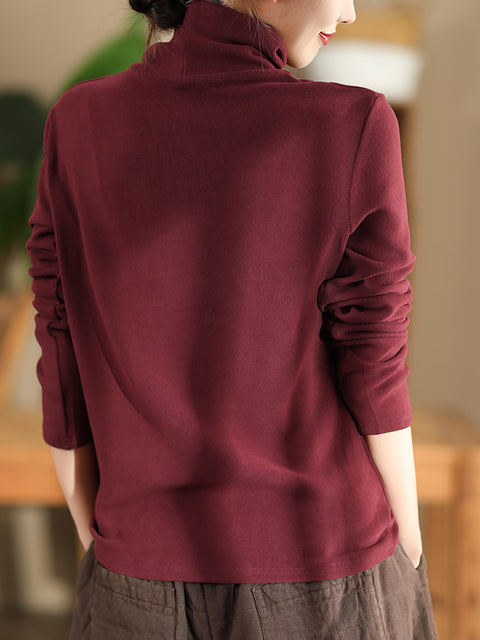 Women Casual Autumn Solid Turtleneck Botton Blouse