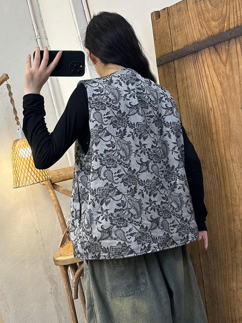 Gilet en coton épissé à patchs de fleurs ethniques pour femmes