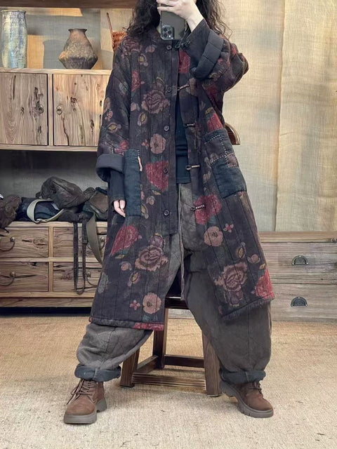 Women Autumn Flower Retro Patch Spliced Linen Long Coat