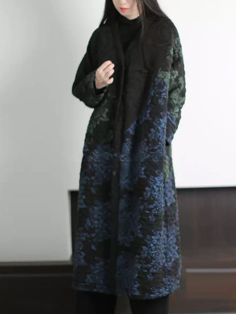 Manteau long à col en V et fleurs ethniques pour femme