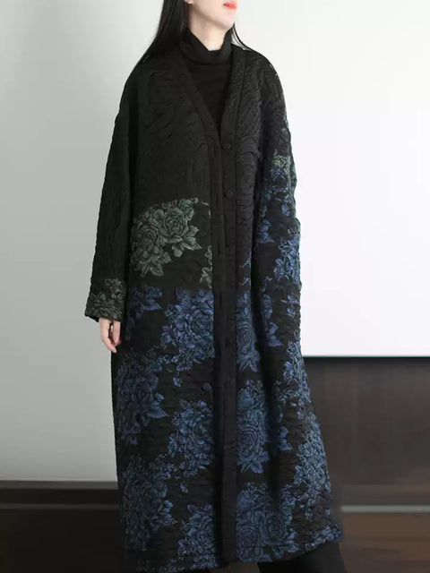 Manteau long à col en V et fleurs ethniques pour femme