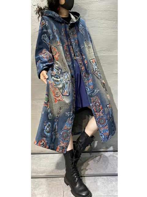 Manteau long à capuche uni à fleurs vintage pour femme