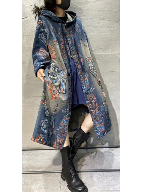 Manteau long à capuche uni à fleurs vintage pour femme