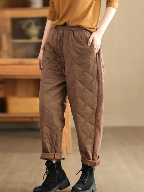 Women Autumn Vintage Colorblock Rhomboid Padded Harem Pants