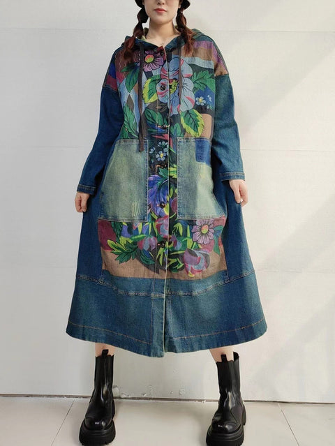 Manteau long à capuche uni à fleurs vintage pour femme