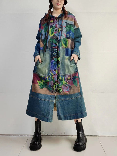 Manteau long à capuche uni à fleurs vintage pour femme