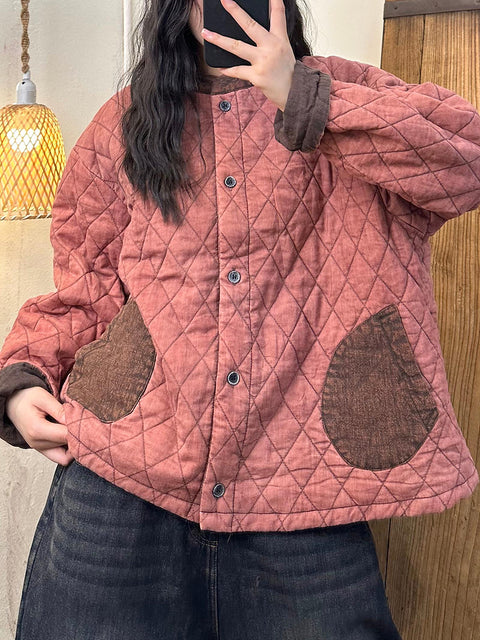 Manteau d'automne vintage à col montant pour femme en patchwork 100 % coton