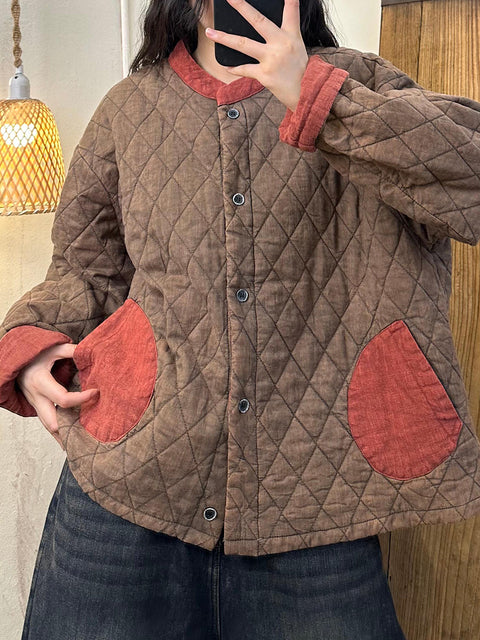 Manteau d'automne vintage à col montant pour femme en patchwork 100 % coton