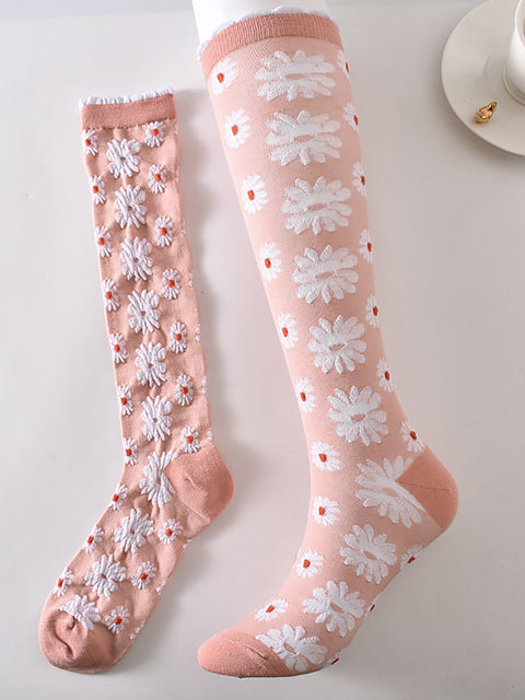 Lot de 6 paires de chaussettes longues en coton jacquard floral artistique pour femmes