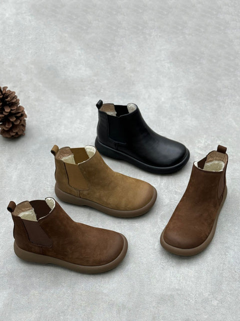 Bottines plates d'hiver en cuir doublées de polaire pour femmes