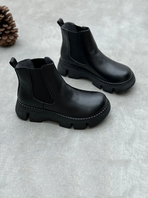 Bottes rétro à talons bas et plateformes en cuir véritable pour femmes