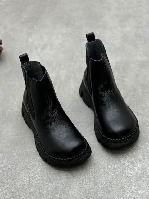 Bottes rétro à talons bas et plateformes en cuir véritable pour femmes