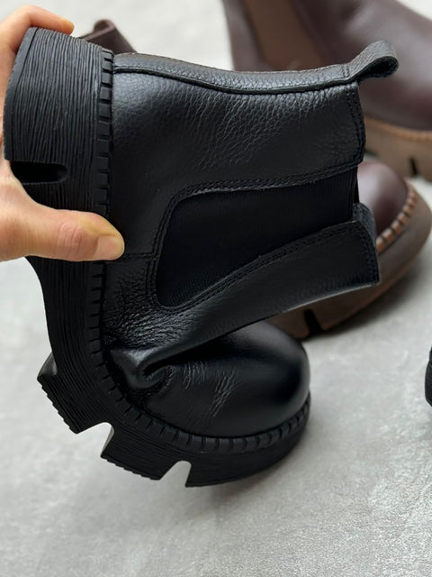 Bottes rétro à talons bas et plateformes en cuir véritable pour femmes