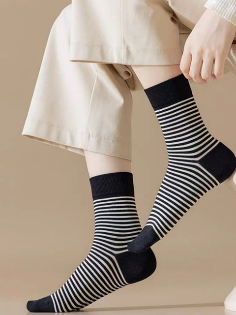 Lot de 5 paires de chaussettes mi-hautes en coton à rayures d'automne pour femmes