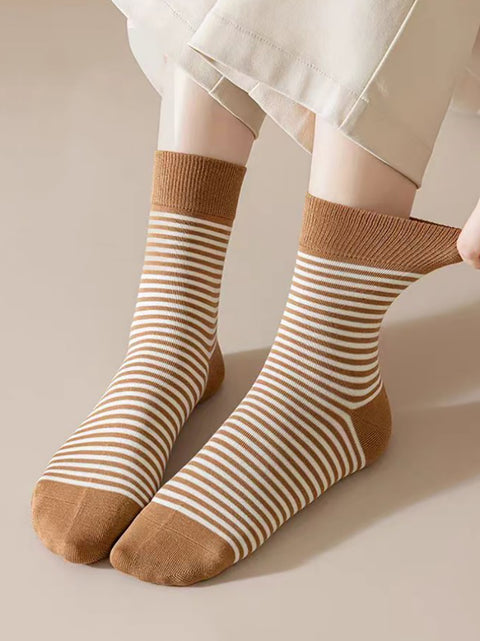 Lot de 5 paires de chaussettes mi-hautes en coton à rayures d'automne pour femmes