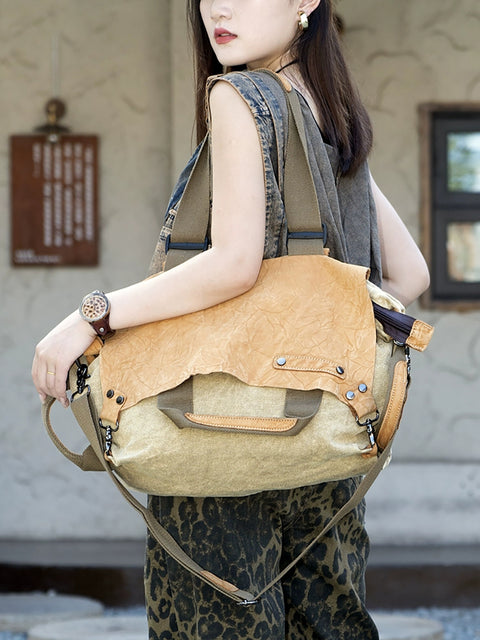 Women Casual Leather Canvas Spliced Shoulder Bag Crossbody Bag